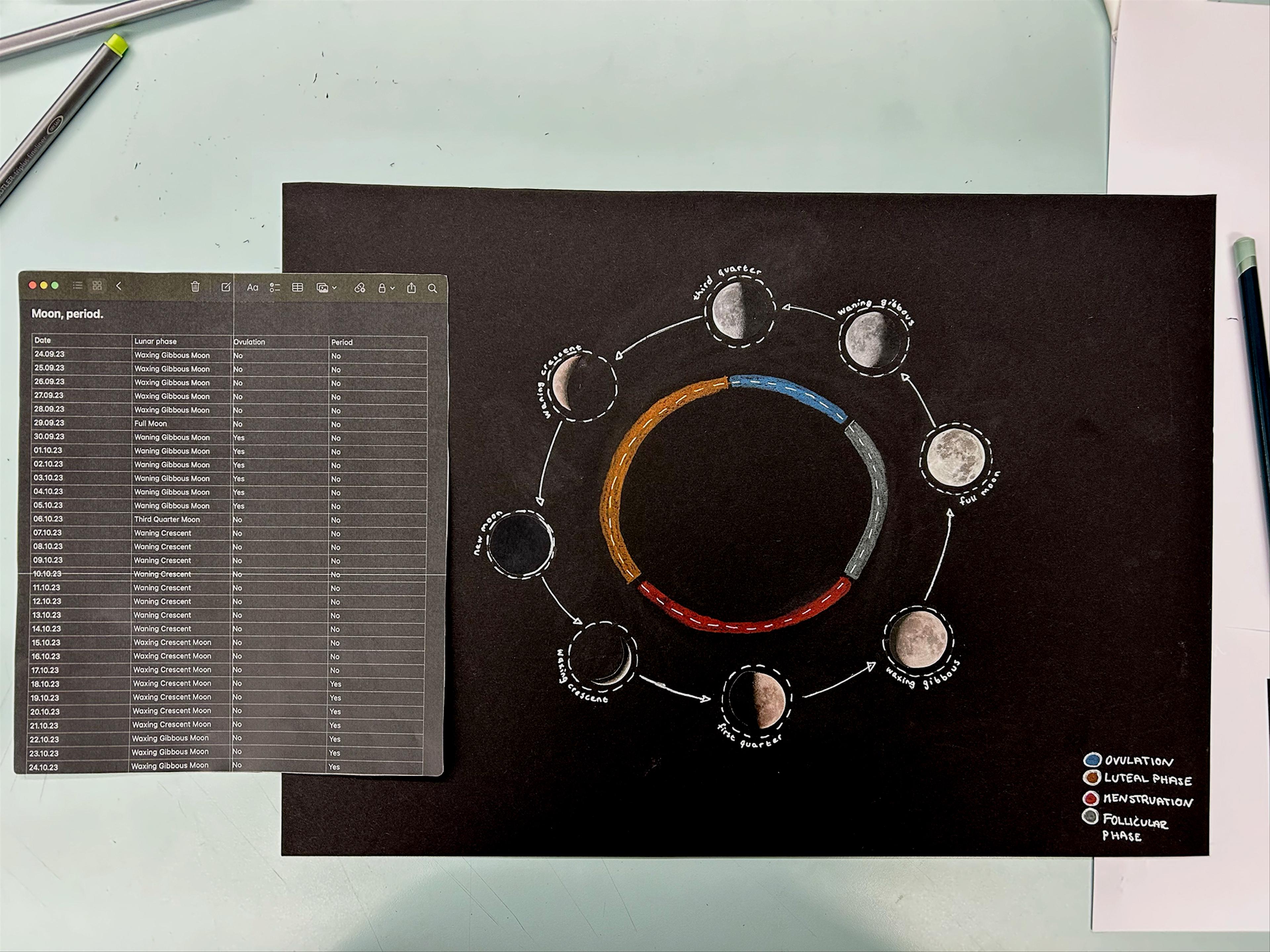 Data visualisations displaying the connection between moon phases and my menstrual cycle